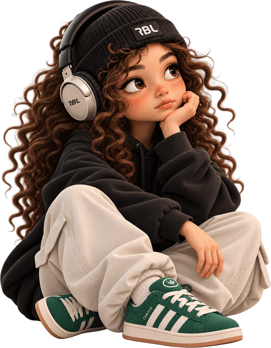 Personagem da RBL Studio: uma menina de cabelos castanhos cacheados, gorro preto e headphones, sentada no chão com o queixo apoiado na mão, olhando para o lado, pensativa.