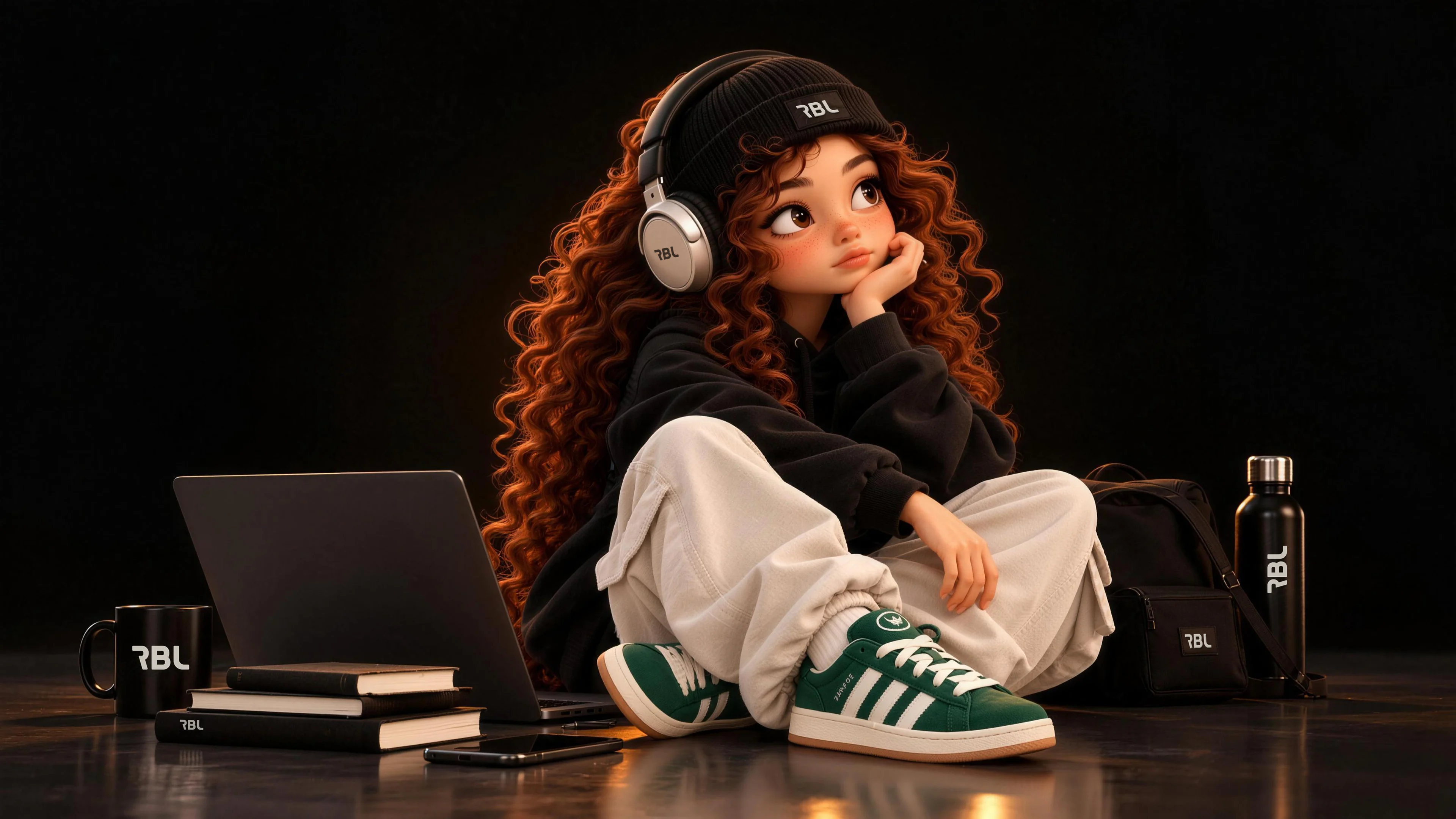 A personagem da RBL Studio sentada no chão do estúdio escuro, de pernas cruzadas e o queixo apoiado na mão, olhando para o lado, entre o notebook, livros, uma caneca, a mochila e uma garrafa com a marca RBL.